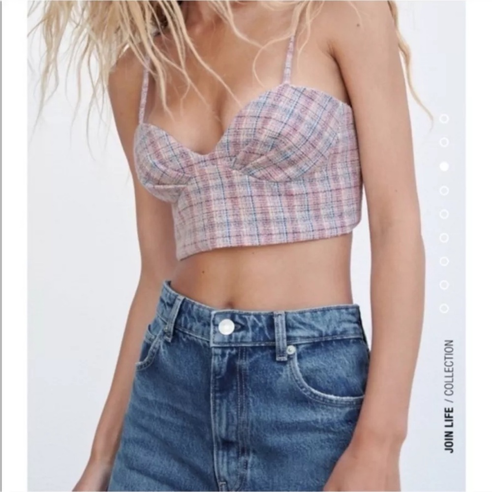Women ZARA CORSET Tweed CROP TOP size LARGE Pink Multi